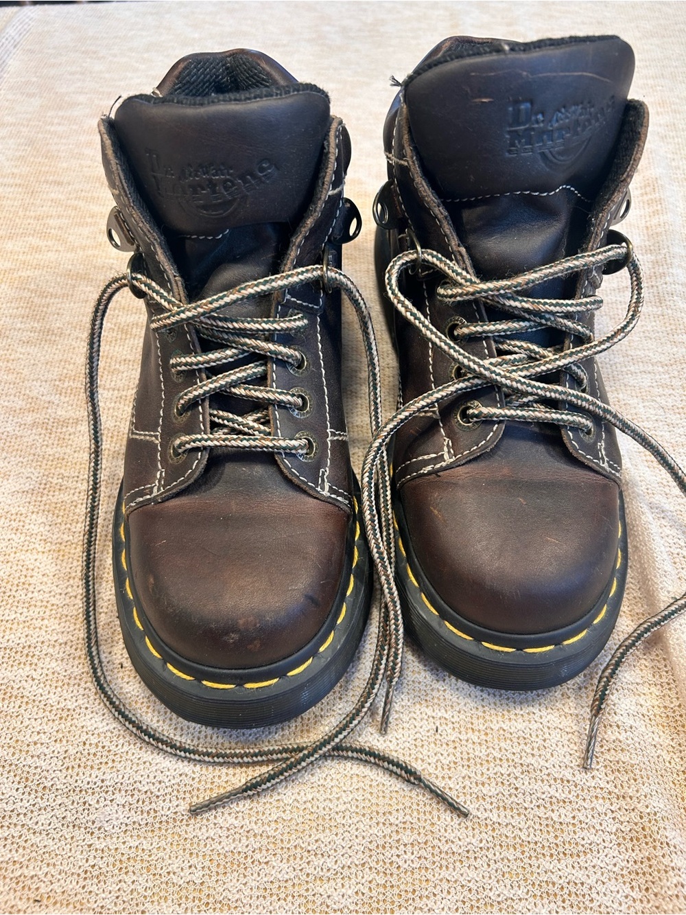 Dr. Martens Men’s Dark Brown Leather Lace-Up Boots with Yellow Stitching
